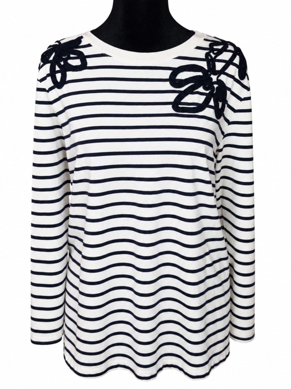 Chico’s Navy & White Striped Floral Appliqué Top – Size 3 / US XL